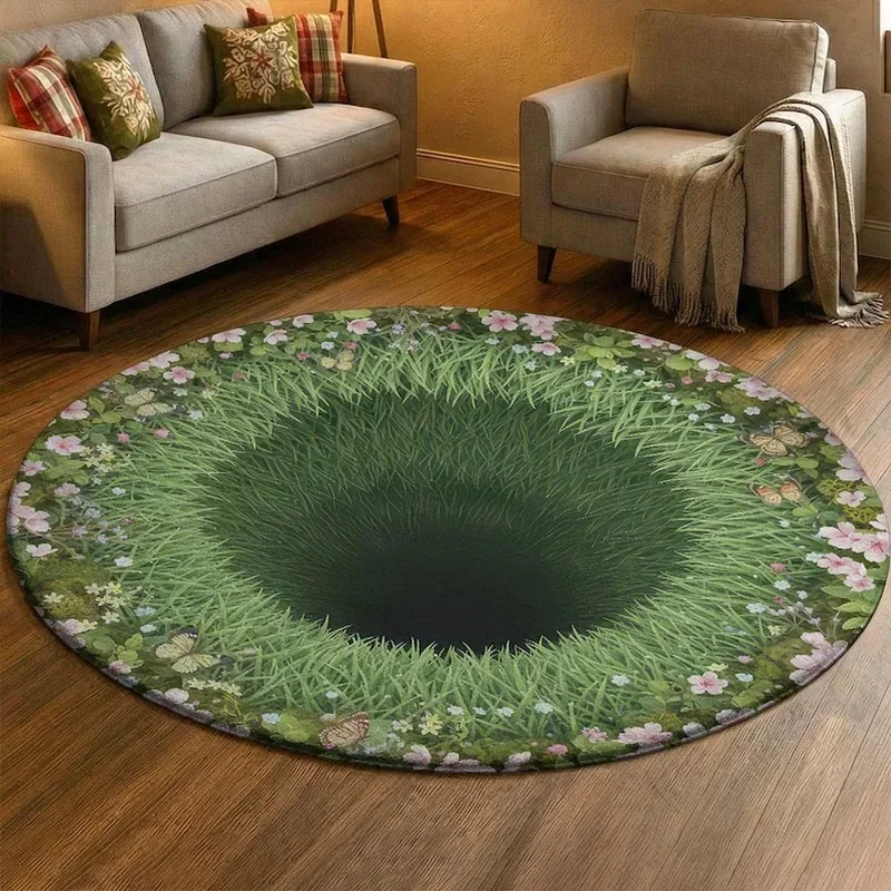 VIKAMA 3D Koi Fish Pond Round Rug Stone Lotus Print Non Slip Washable Creative Living Room Bedroom Decor Floor Carpet