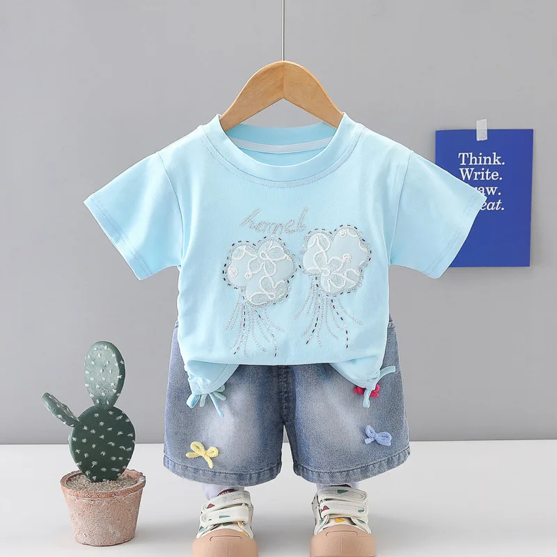 Toddler Baby Girls 2 Piece Outfits Summer Rhinestone Flower Print T-Shirt + Colorful Bow Denim Shorts Set Kids Casual Clothes