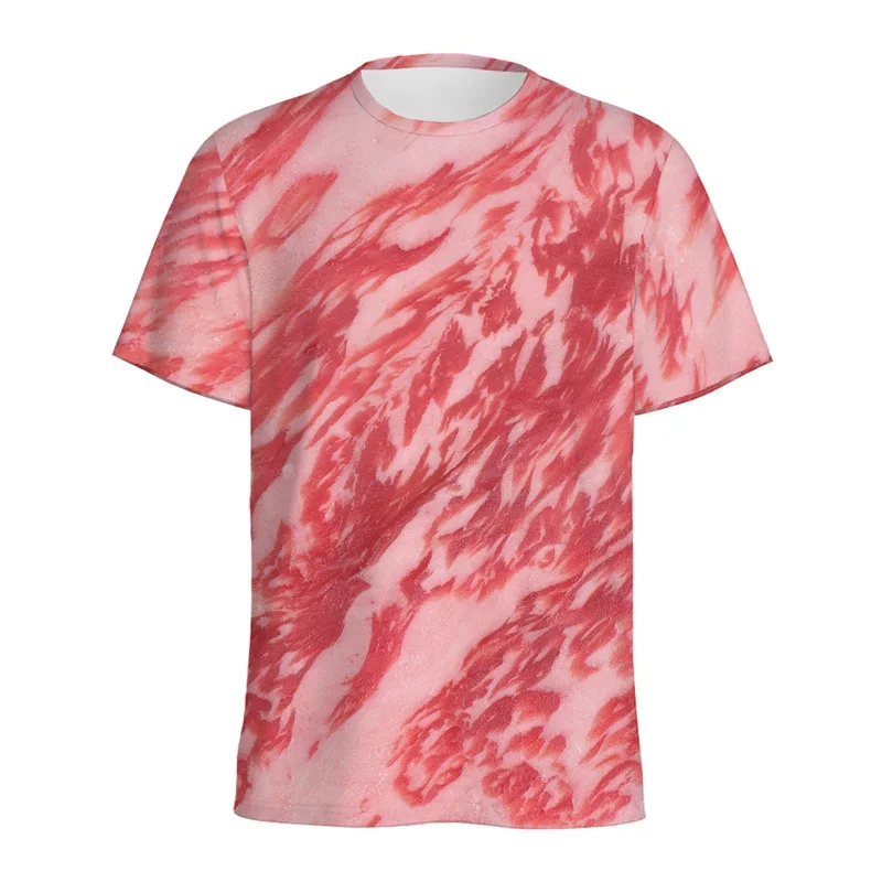 Men's Realistic Bacon Strips Print T-Shirt Funny 3D Pork Belly Meat Graphic Short Sleeve Tee Novelty Food Costume Casual Top