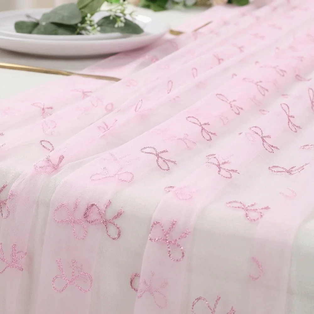 Party Decoration Sheer Tulle Pink Bow Table Runner Soft Romantic Mesh Table Runner Decorative Table Flag Cover Wedding Party
