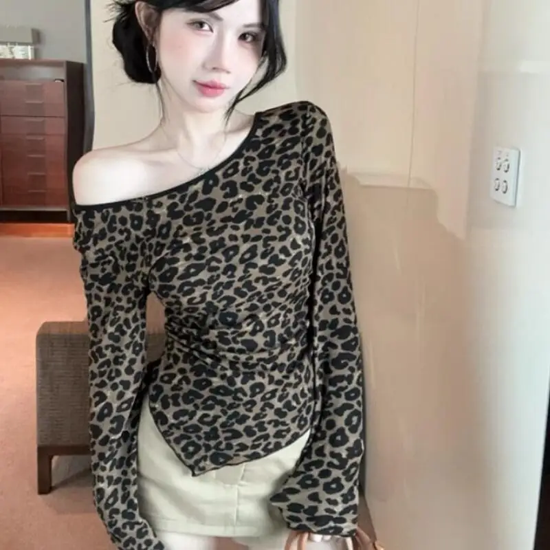 Spring Summer New Women Fashion American Retro Hot Girl Strap Back Leopard Pattern Long Sleeve Tshirt Design Sense Sunscreentops