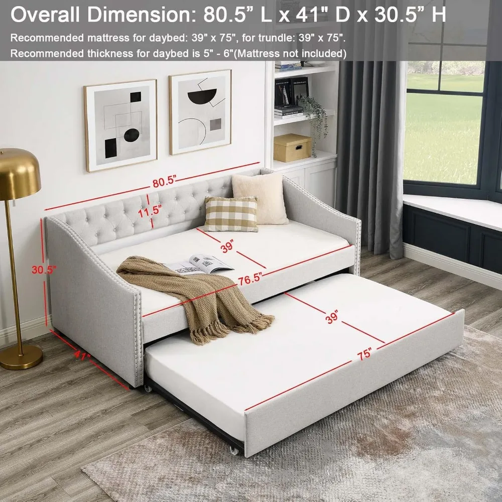 Sofá de dia Antetek com rodízio, cama de dia moderna estofada em veludo tamanho duplo com botão e estrutura de sofá tufado e um rodízio, sem caixa S