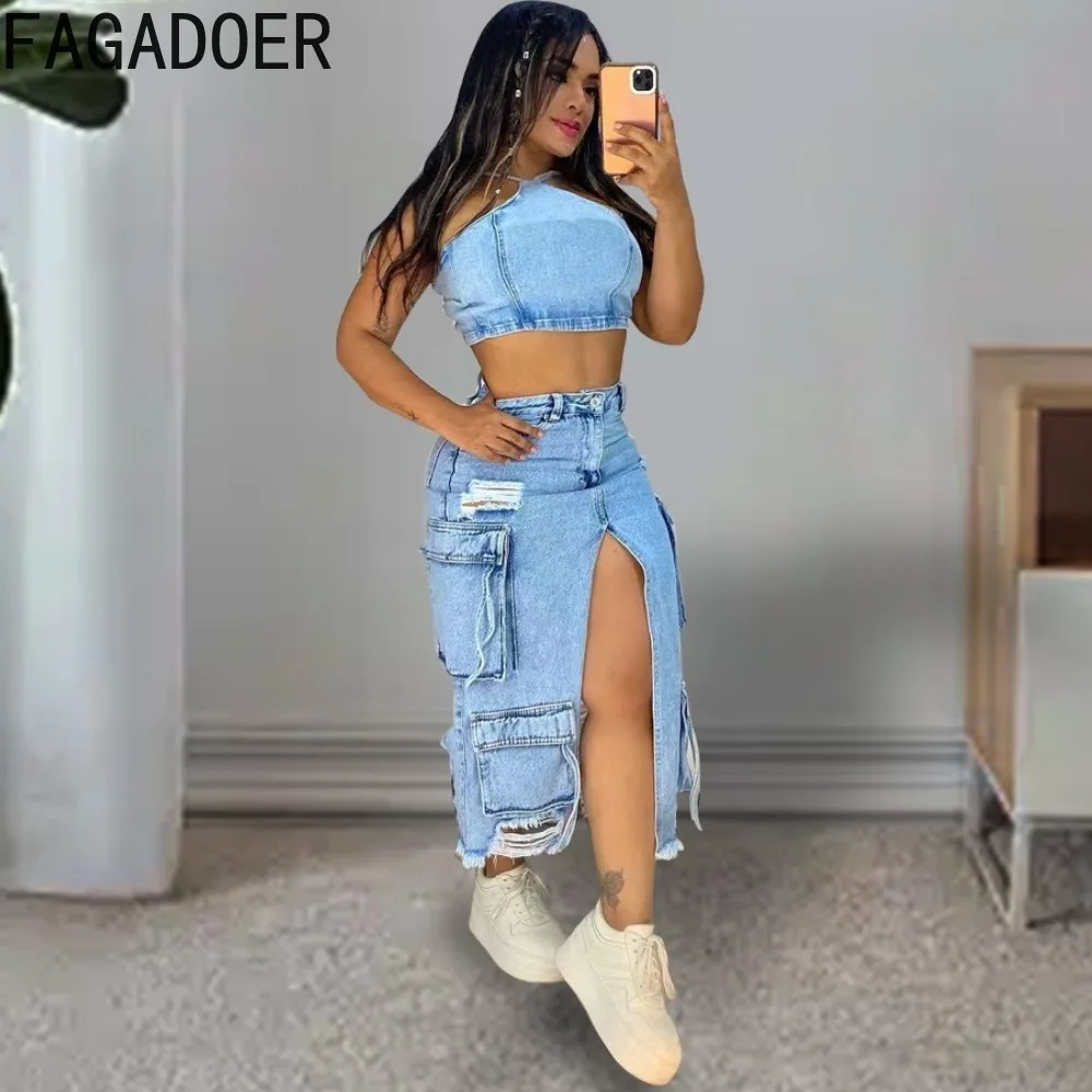 FAGADOER Blue Fashion Denim Hole Pocket Cargo Denim Skirts Women High Waisted Button Slit Slim Bottoms Female Cowboy Skirts 2024