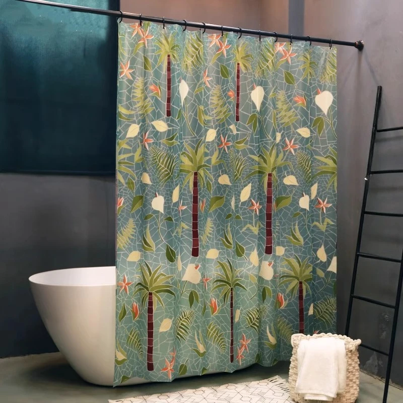 

EVA Fabric Shower Curtain Palm Tree Printed Waterproof Bathroom Curtain with Hooks Water Resistant