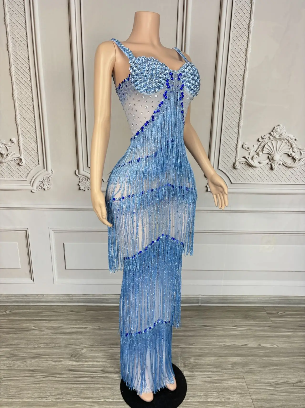 Brilhante strass borla deslizamento vestido longo sexy feminino celebrar baile de formatura pura malha vestido de noite aniversário sessão de fotos usar lantian