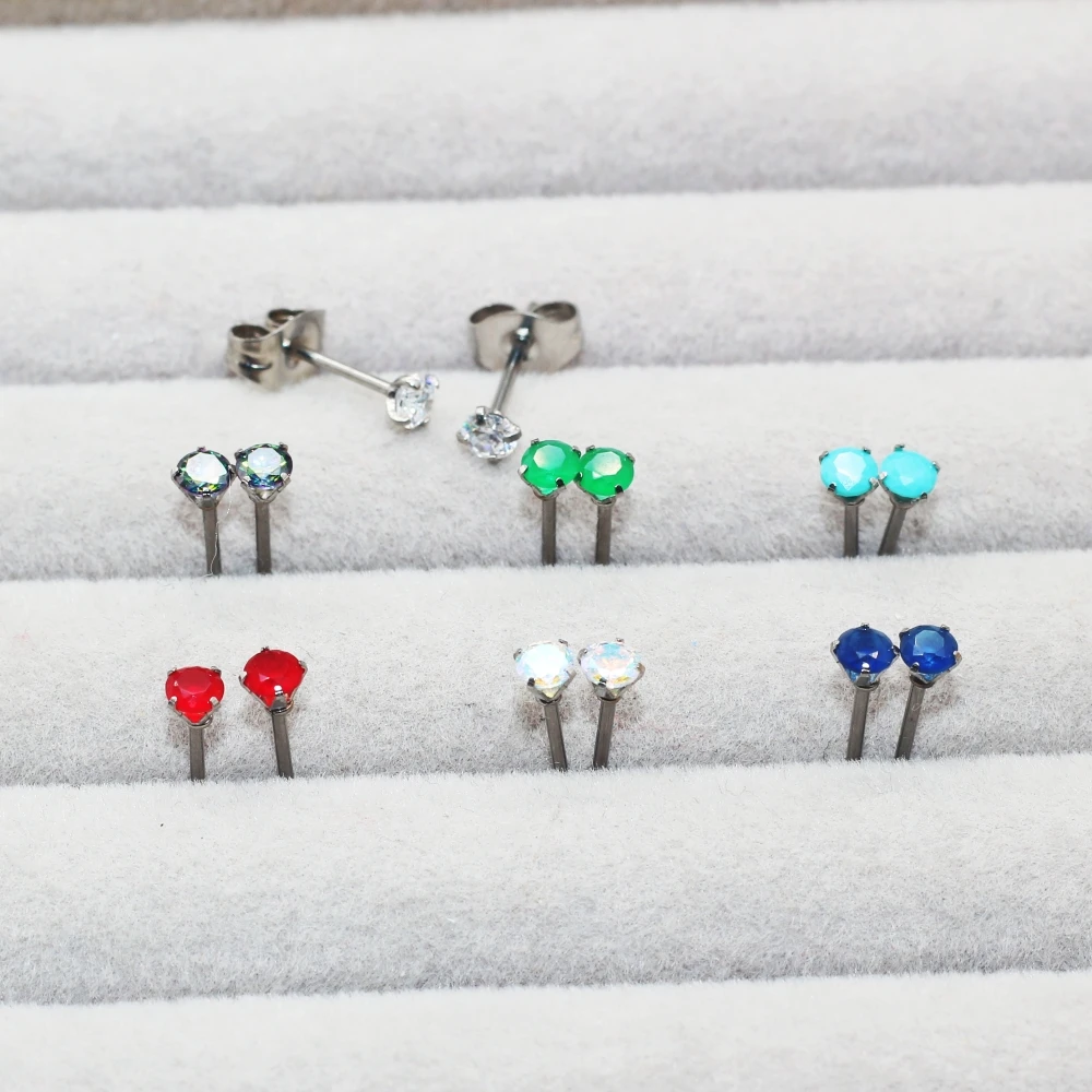 3 mm AAA runde, farbenfrohe Zirkonia-Ohrstecker mit Edelstahlnadel, Vintage-Schmuck, 20 Farben zur Auswahl, antiallergisch. – Detail 2