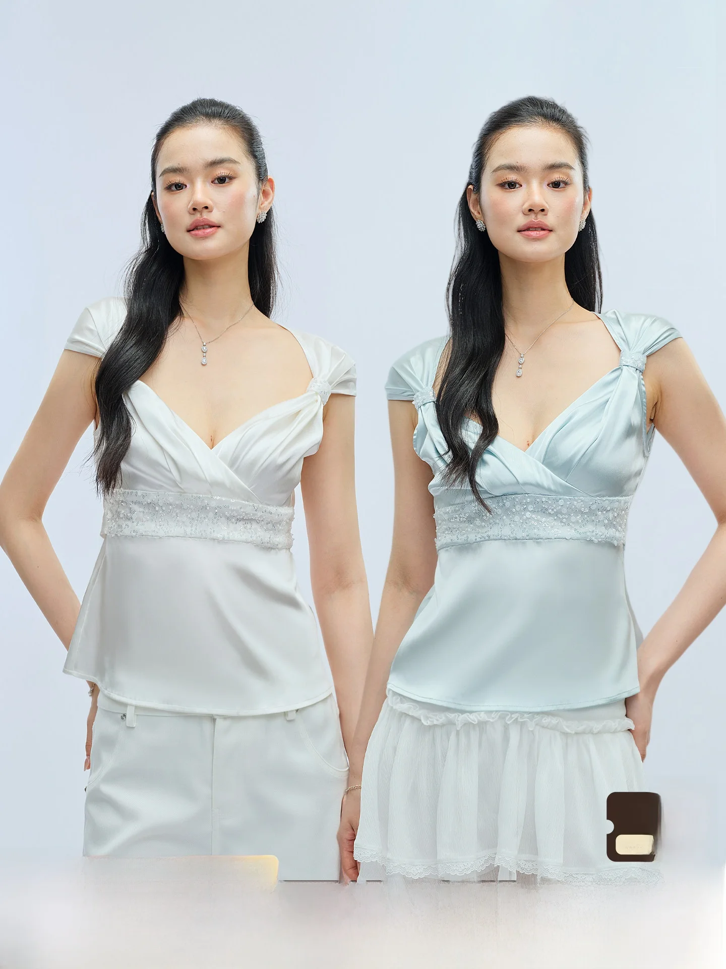J TheChosen Slim Fit V-Neck Gown with Bead Patchwork Waist-Cinching Strapless Tank Top in Satin for Young Women
