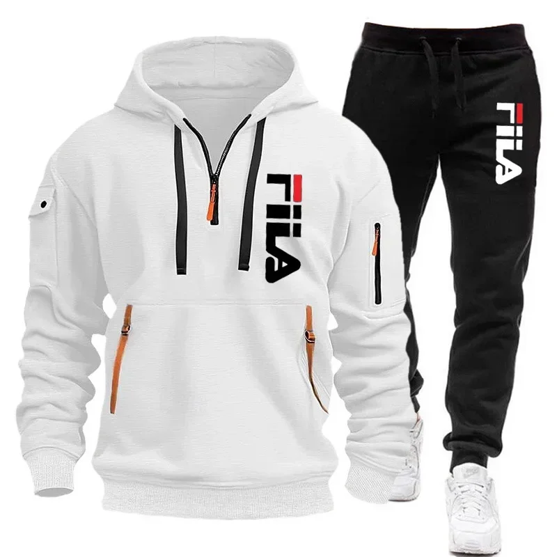 Spring and Autumn street new men's zipper hoodie + pants two-piece set, outdoor multi-pocket men's casual pullover sports suit