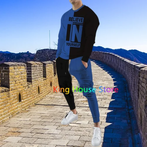 Men's 2 Piece Set Tracksuits Believe In Yourself Long Sleeve Trouser Sportwear Casual Outfit Streetwear Male Oversized Clothing