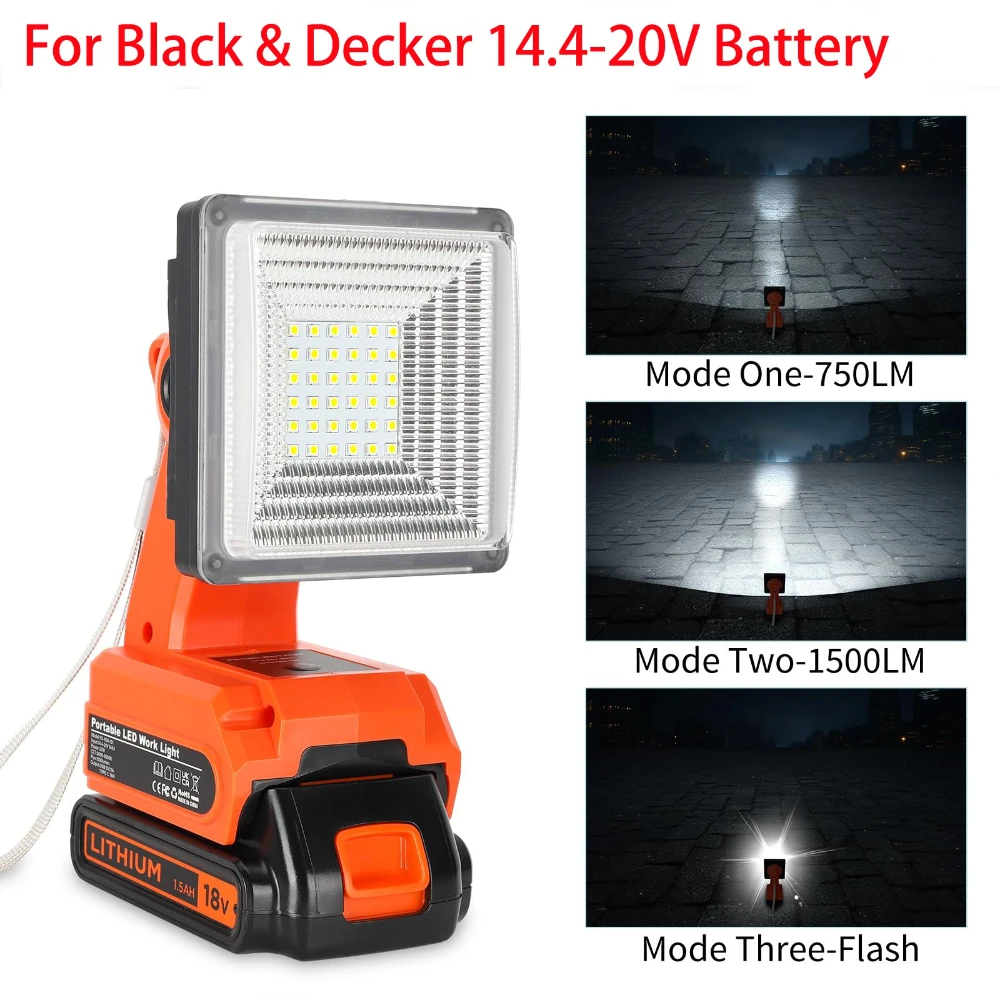 

Rechargeable Camping Light Portable LED Work Light with Quick Charge Port for Black&Decker 20V Batteries for Indoor Outdoor Use