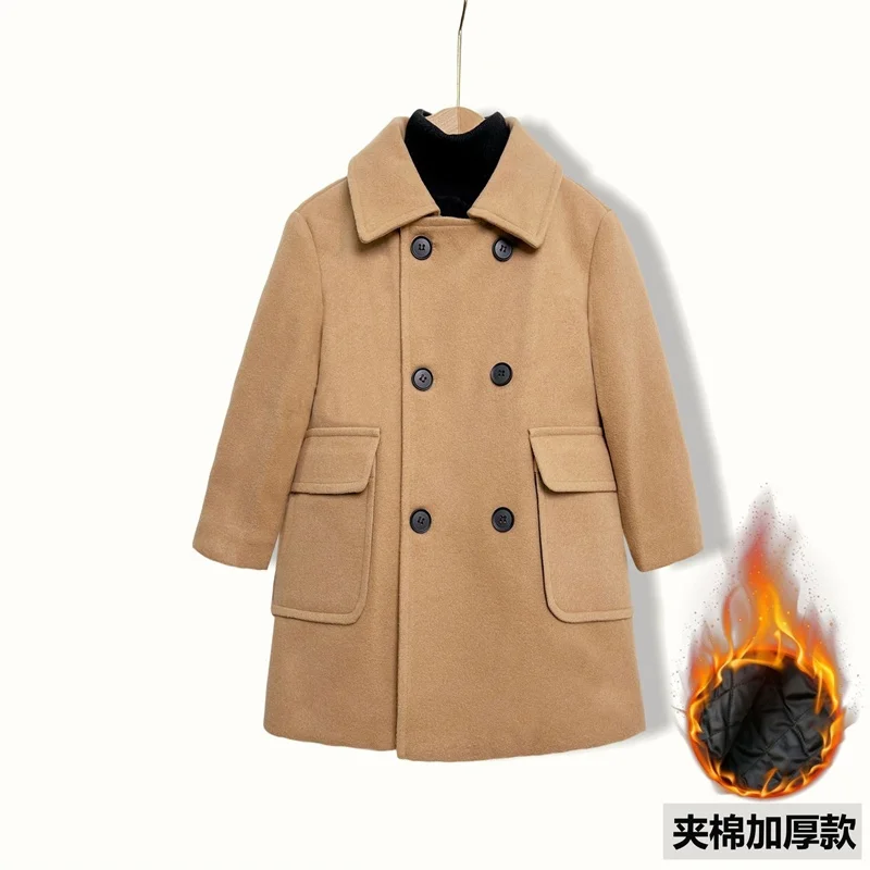 Boys Woolen Coat Overcoat Jacket Windbreak 2024 Fashion Warm Plus Thicken Autumn Winter Cotton Christmas Gift Children's Clothin