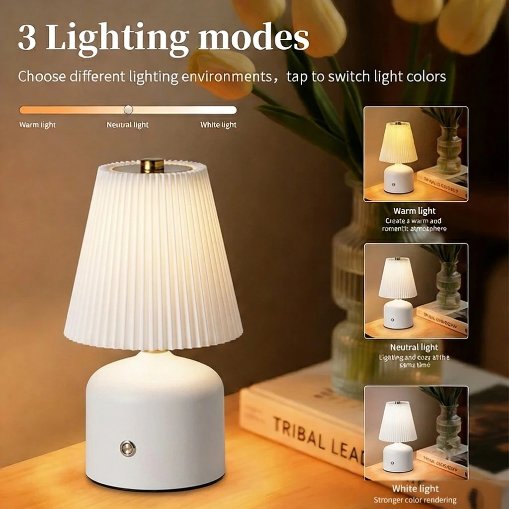 HPH Modern Table Lamp Vintage Bedroom Lamp Dining Coffee Deak Lamp Rechargeable Light Lampshade Home Room Decoration Light