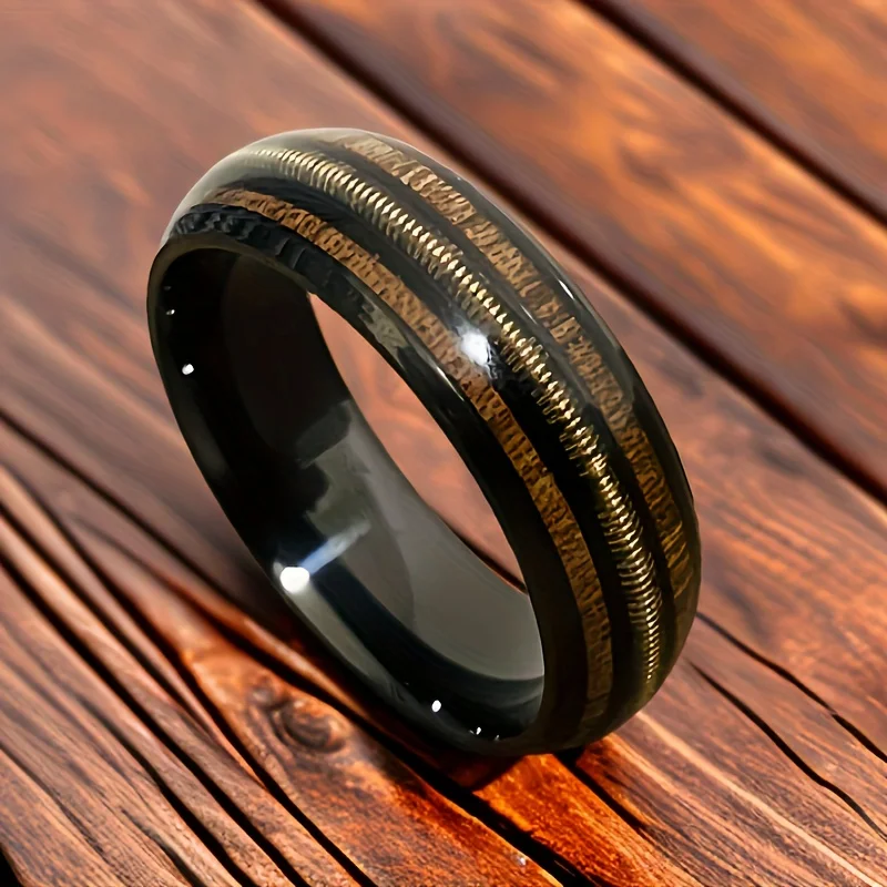 Coffee Color Rose Golden Ring Guitar String Stainless Steel Ring Inlaid Whiskey Barrel Wood Grain Ring for Men Engagement