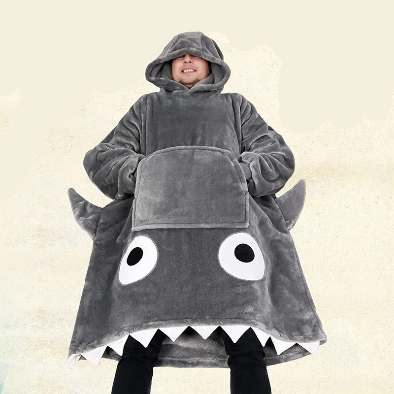 Cute Cartoon Shark Oversized Blanket Hoodie For Women and Men One Size Fits All Wearable Blankets Sweatshirt Blanket with Pocket