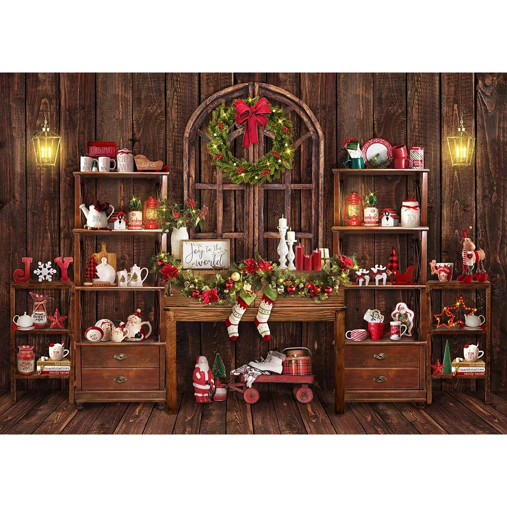 크리스마스 찬장 장식 나무 배경 화환 빨간 양말, 산타 클로스 스튜디오 사진 배경, 신생아 베이비 샤워 사진