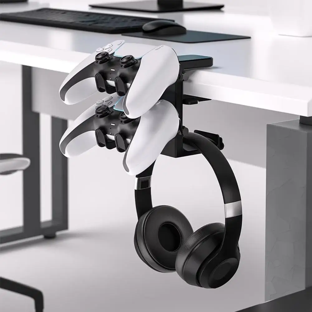 2 In 1 Controller Headphone Stand For Desk 2 Gamepad Hangers 360° Rotating Headphone Holder Adjustable Clamp-on UnderDesk Hook