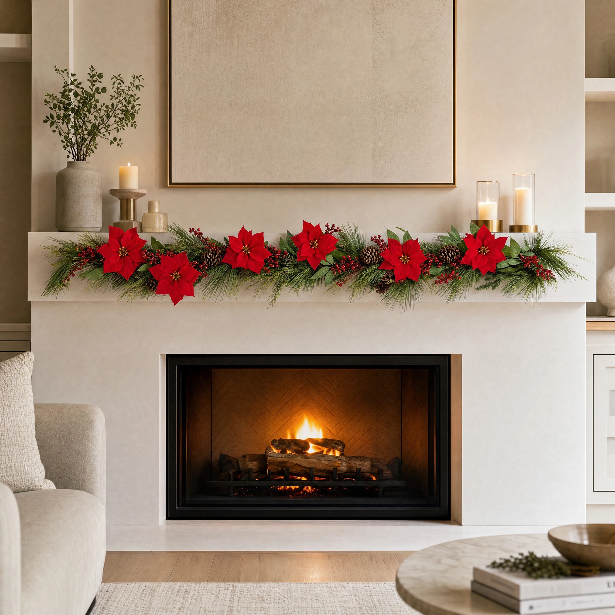 Artificial Christmas Garland with Festive Greenery - with Decorative Natural Pine Cones - for Fireplace, Door, Railing, Stairs and Table - 6 ft