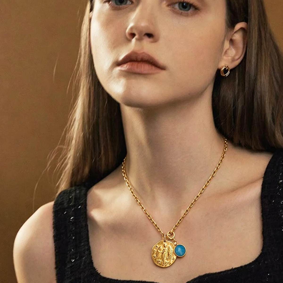 12 Zodiac Stainless Steel Women's Necklace Birthstone Zodiac Round Pendant Necklace Sweater Chain Amulet Color Christmas Gift view 4