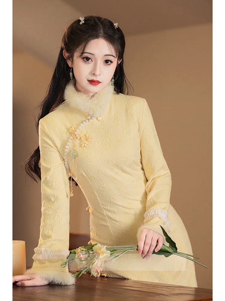 

Yellow Cheese Color Slim Fit Long Sve New Chinese Sle Qipao Thiened Autumn Winter Daily Wearable Vintage Sle Long Qipao
