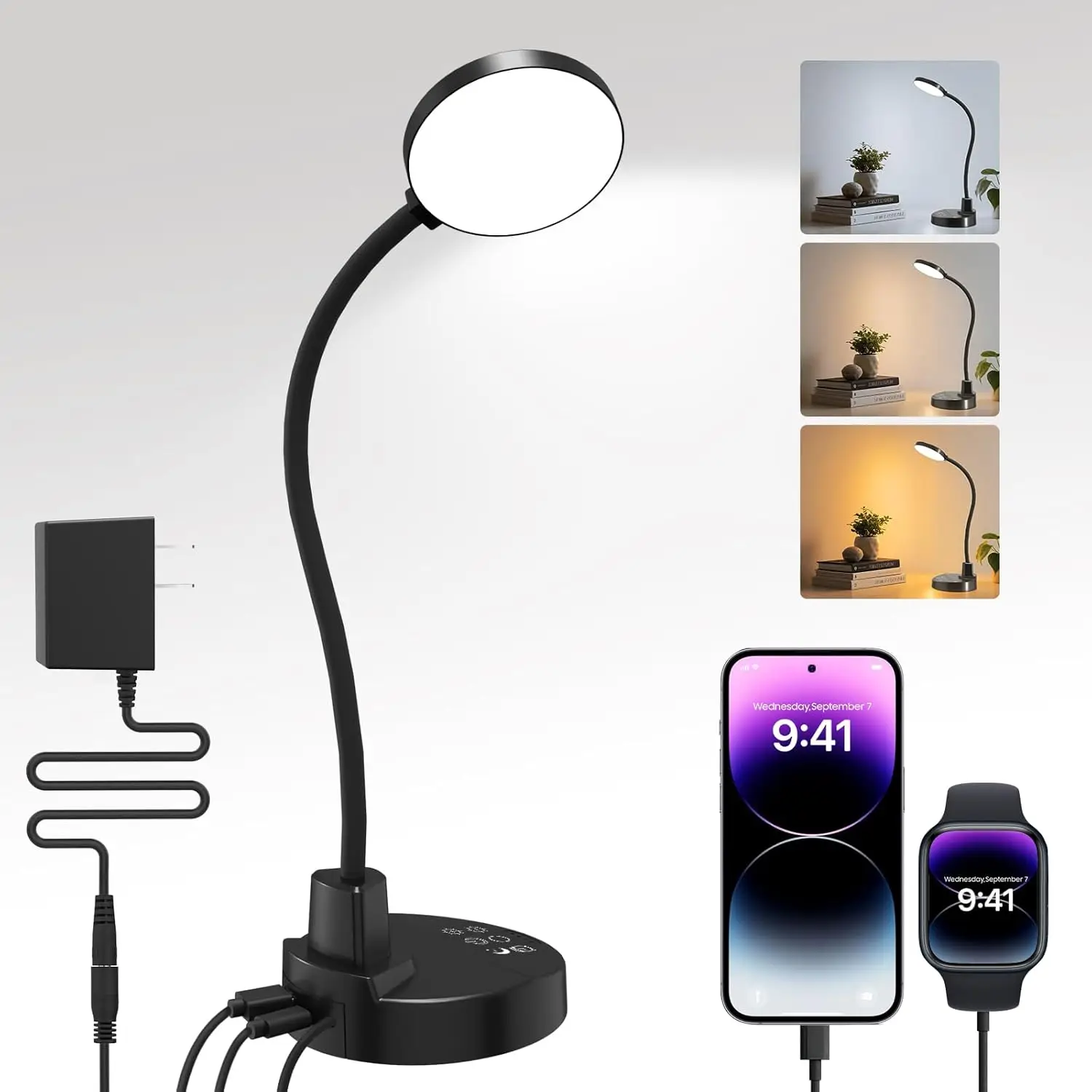 

Настольная LED-лампа USB 15 Вт с регулируемой яркостью, 3 цвета и 5 уровней яркости, гибкий шарнирный кронштейн для дома, офиса, учебы
