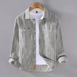 Men's Spring Autumn Striped Long-Sleeve Shirt Japanese Vintage Literary Style Loose Fit Wrinkle-Resistant Casual Shirt Jacket