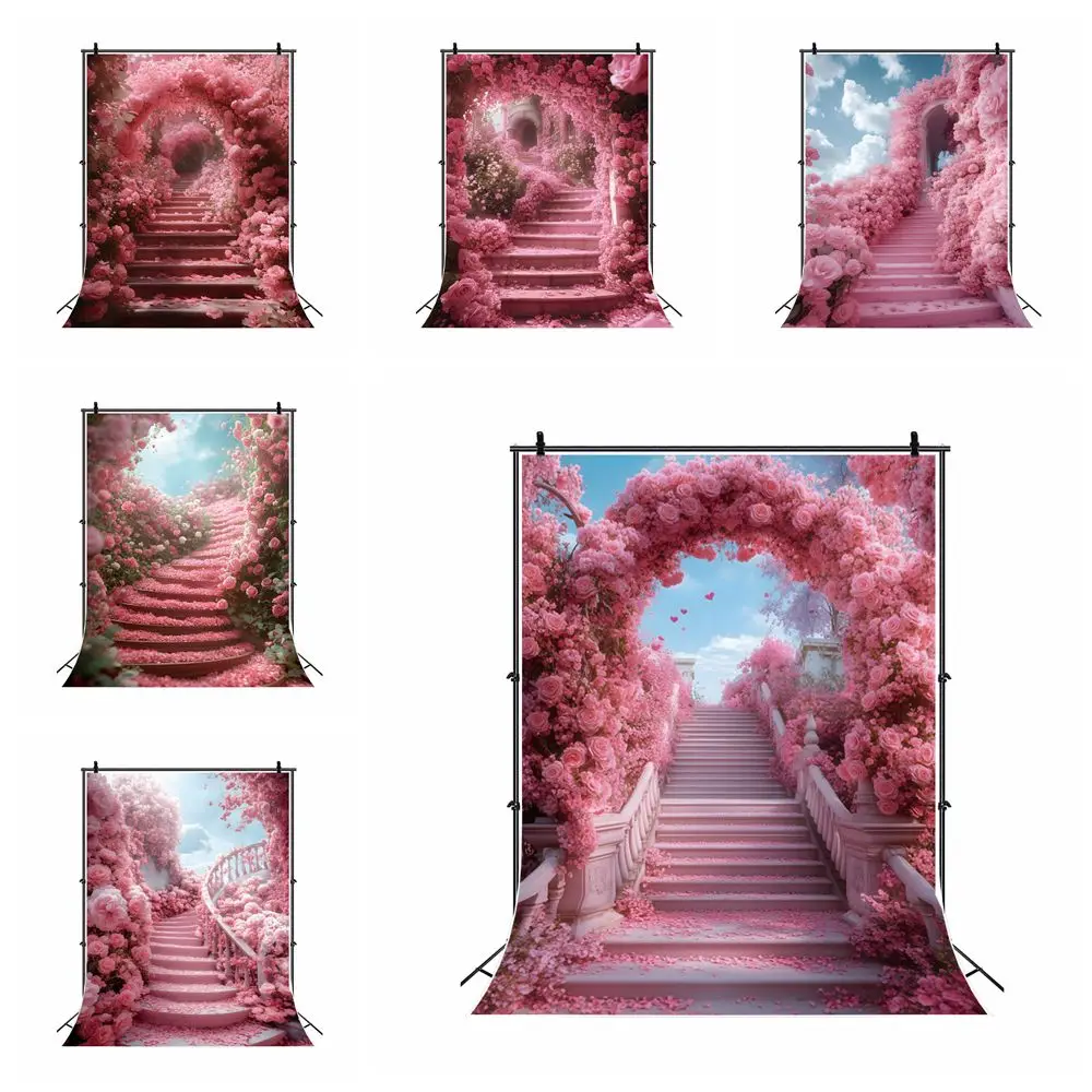 Pink Flower Stairs Backdrop for Photography Birthday Party Wedding Bride Portrait Art Maternity Dresses Photoshoot Background