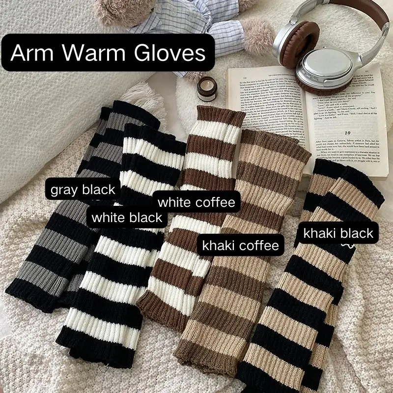 Y2K Fashion Women Girls Striped Elbow Gloves Solid Goth Punk Knitted Arm Warmers Long Half Finger Arm Sleeves Elastic Gloves