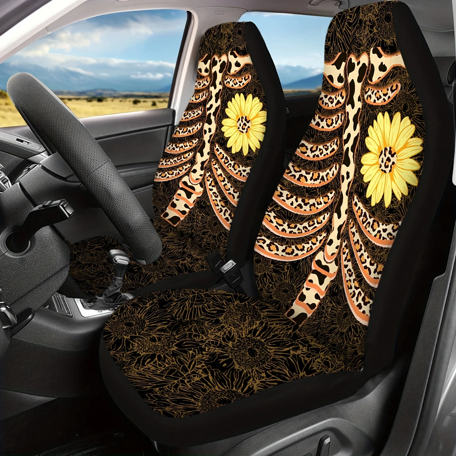 

2pcs Sunflower Leopard Skeleton Style Car Seat Cover Front Car Print Decoration Car Cushion Four Seasons Halloween Decor