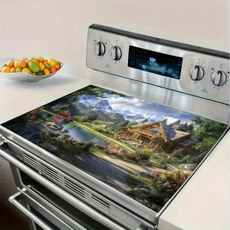 Scenic Mountain Lake Cabin Stove Top Cover, Non-Slip Kitchen Mat, Decorative Protector Pad for Gas Cooktop,Fun Kitchen Accessory