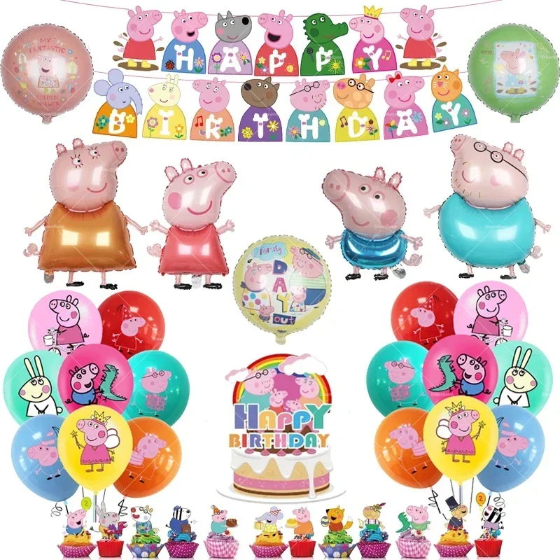 Peppa Pig Balloons Family Pink George Rebecca Susy Ballons Happy Birthday Banner Party Decoration Kids Cake Topper Tableware Toy