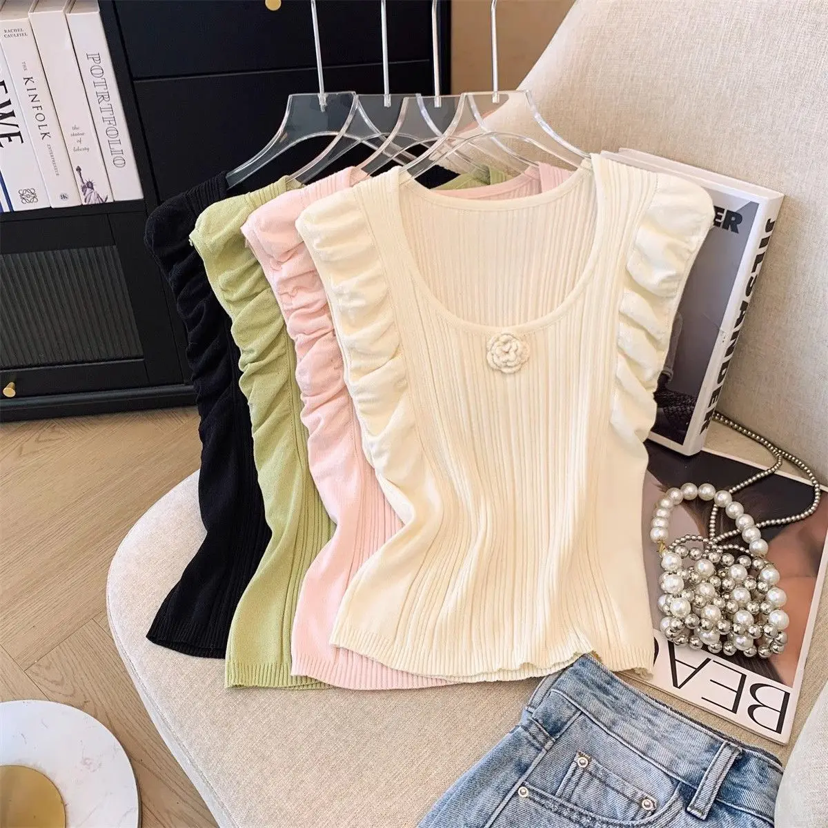 Design Three-dimensional Flowers Flying Sleeve Knitwear Sweater Vest 2024 Summer New Wear Chic Thin Pullover Top