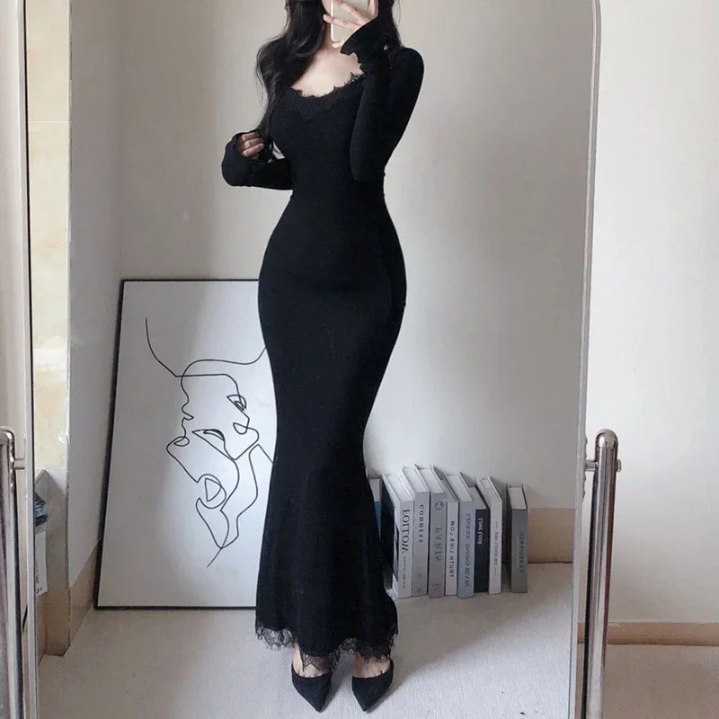 2025 New Spring Women Sexy Bodycon Wrap Long Dress Female Chic Lace V-neck Dress Lady Designer Party Slim Fit Knitted Dress