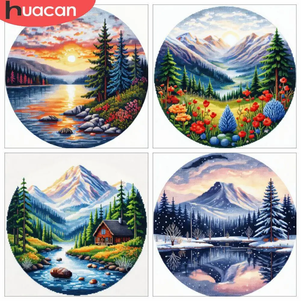 HUACAN Kreuz Nähte Sets Berg Landschaft Stickerei Sets See Fluss Handarbeiten 11Ct Bild Gedruckt Leinwand Wohnkultur