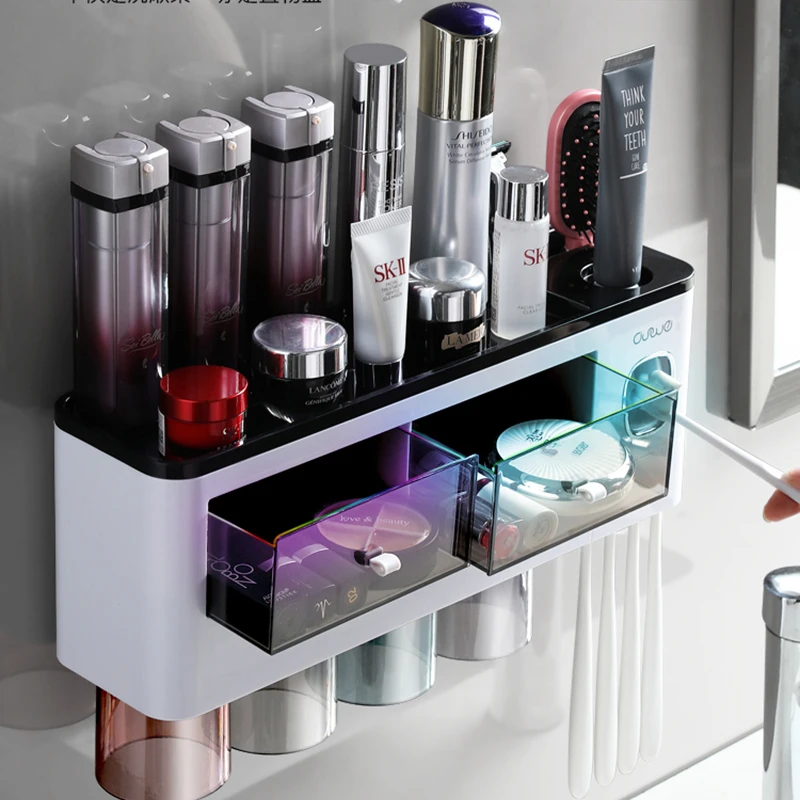 Bathroom Accessories Set Magnetic Adsorption Inverted Toothbrush Holder Automatic Toothpaste Dispenser Squeezer Storage Rack