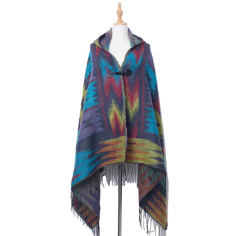 Primavera autunno donna Poncho con cappuccio mantello mantello con frange nappa scialle Wrap maglione stile bohémien scialle sciarpa cappotto