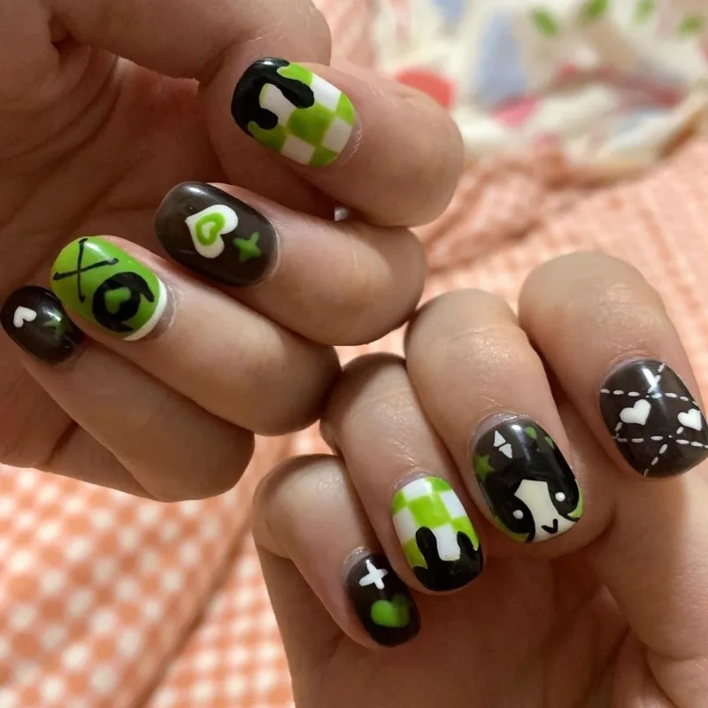 Anime Cartoon Powerpuff Girls Press on Fake Nails Bubbles Buttercup Pain Nail Hand Drawn Manicure Girls Decoration Birthday Gift