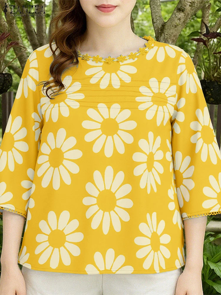Camicette stampate floreali da donna 2025 ZANZEA Moda estiva O Collo Manica 3/4 Camicia da vacanza Casual Blusas allentati Bohemain Top femminili