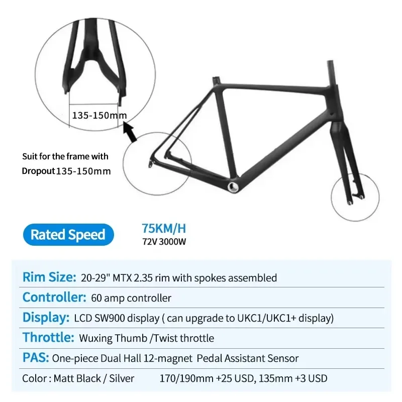 

High Power 72V 3000W Brushless Hub Motor Motorcycle E Bike Conversion Kit 20Ah 30Ah Triangle Battery LCD
