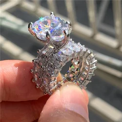 Vintage Full Princess cut Ring Sets Silver Color AAAAA Zircon Engagement Wedding Band Rings For Women Men Party Jewelry