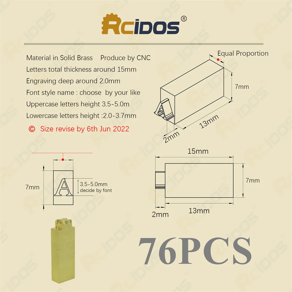 RCIDOS Bookman old style Letters 76PCS/SET Foil Stamping  BrassLetters,Thickness 15mm,Engraving deep 1.5mm