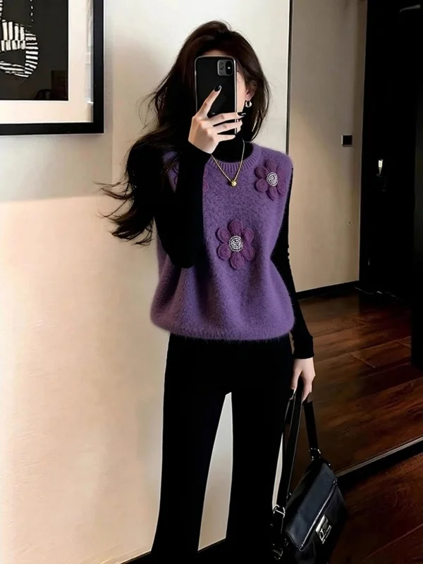 

Winter Korean Sle Loose Knitted Purple Vest And Base irt Two-Piece Set for Women Comfortable Warm Faionable Ensemble