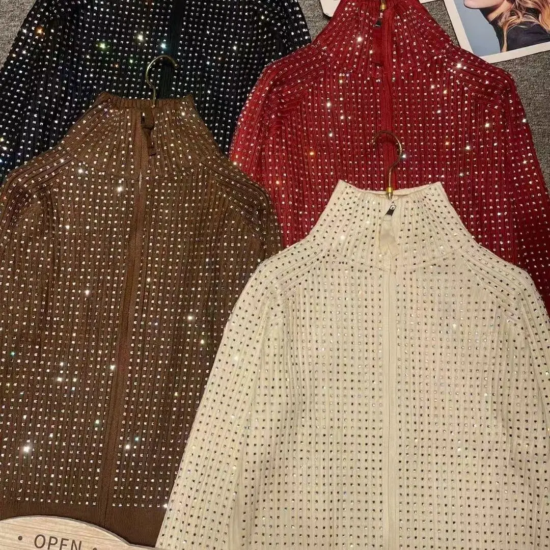 Woman Starry Diamonds Beaded Knitted Cardigan Stand Collar Rhinestones Zippers Sweater Coat Autumn Winter Crystal Knitwear Tops