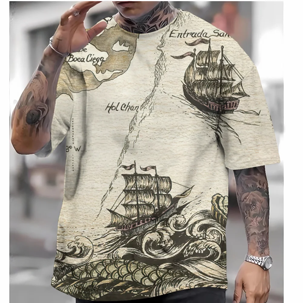 Men's T-shirt Print Compass Vintage Short Sleeve Shirt Nautical Tops Summer O-Neck Sweatshirt Tees Designer Daily Mens Clothing