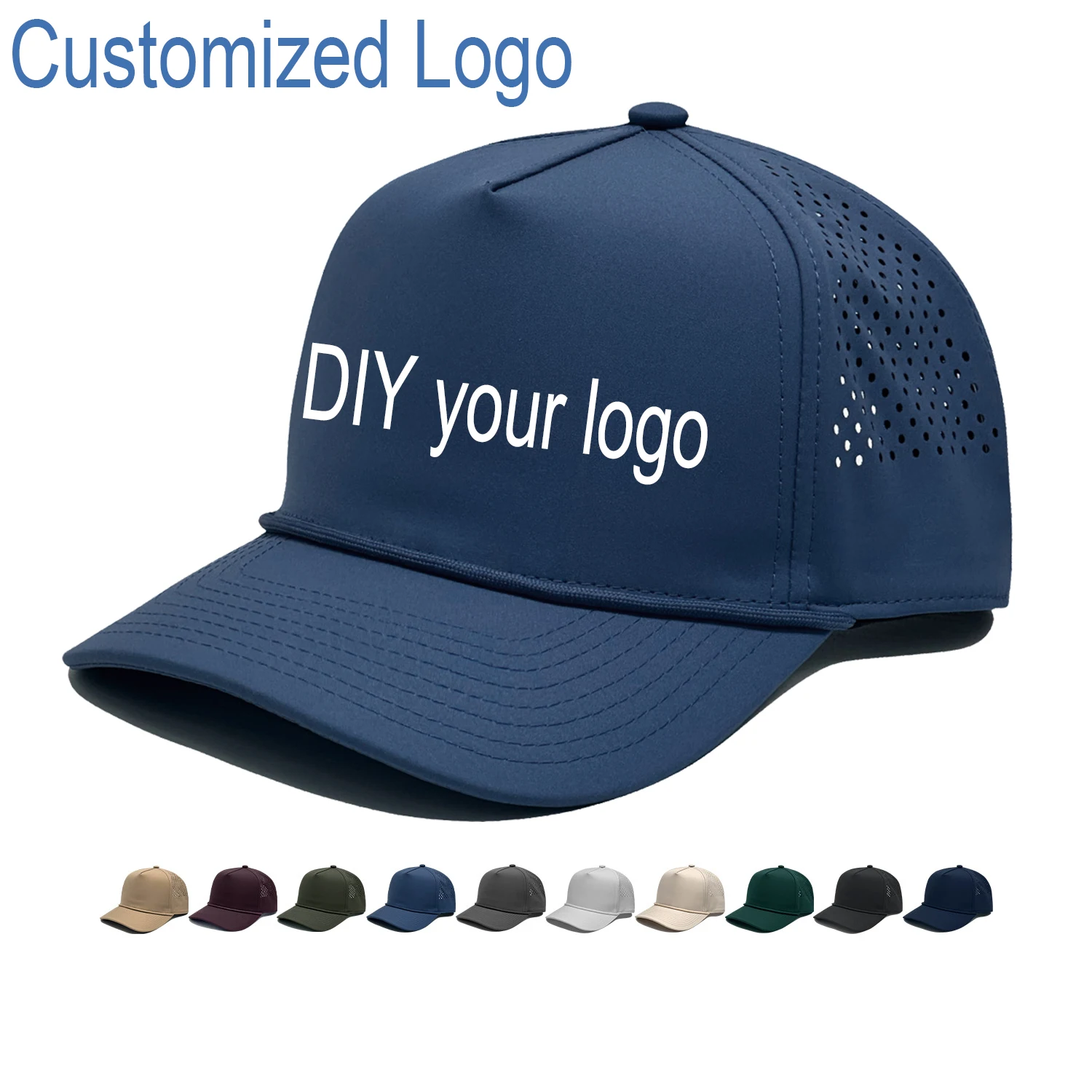 Custom Logo Print 5-Panel Baseball Cap Male  Female Polyester Quick-drying Truck Driver Hat with Rope Punching Outdoor Sun Cap