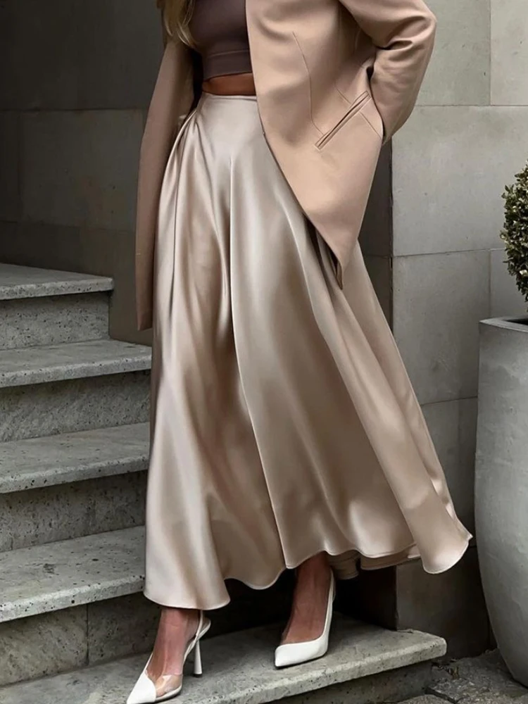 

Elegant Satin Skirts Women Autumn Winter Casual Loose Long Skirts Female Vintage Fashion Solid Color High Waist A Line Skirt