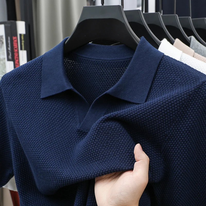 Old Money Style Pineapple Needle Polo Shirt Men's Knitted Seagull Collar Short Sleeved T-shirt Summer New Solid Color Top