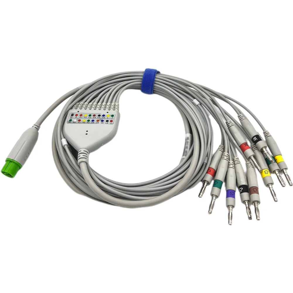 ECG Cable 10 Lead, One-Piece TPU Leadwire 2.8m, Snap or Clip, AHA IEC, for Patient Monitor Holter Recording, CE Class I