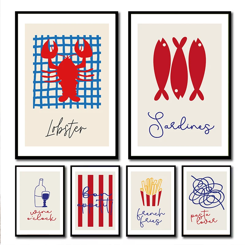 

1 шт. безрамная картина на холсте: Современный минималистичный принт с изображением сардин, лобстеров, фруктов, еды и напитков, а также стик-фигурок.