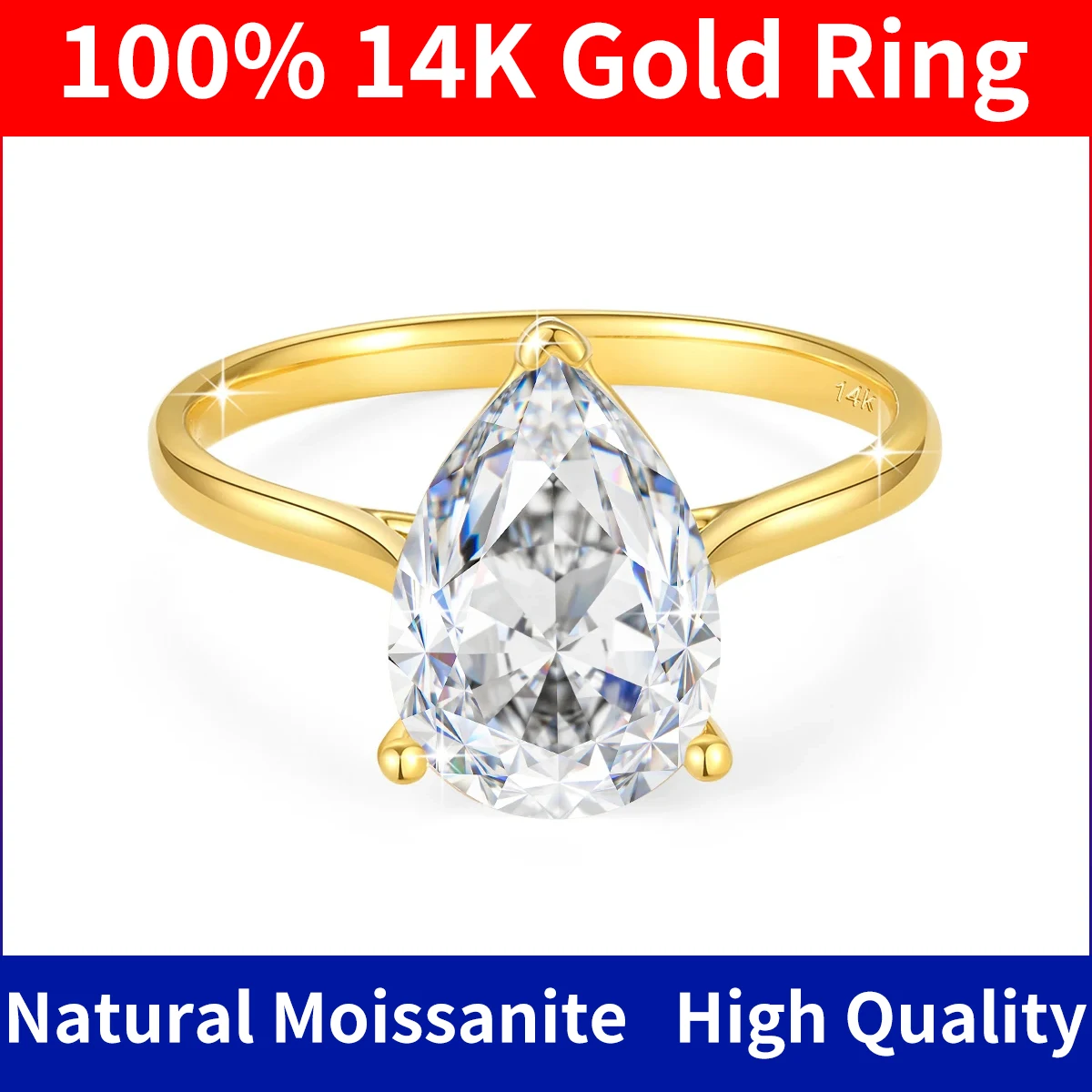 Szjinao 100% Real 14K Gold Pear Cut Moissanite Ring 2ct  7*10mm Stone Women AU585 Gold Certified Engagement Jewelry High Quality