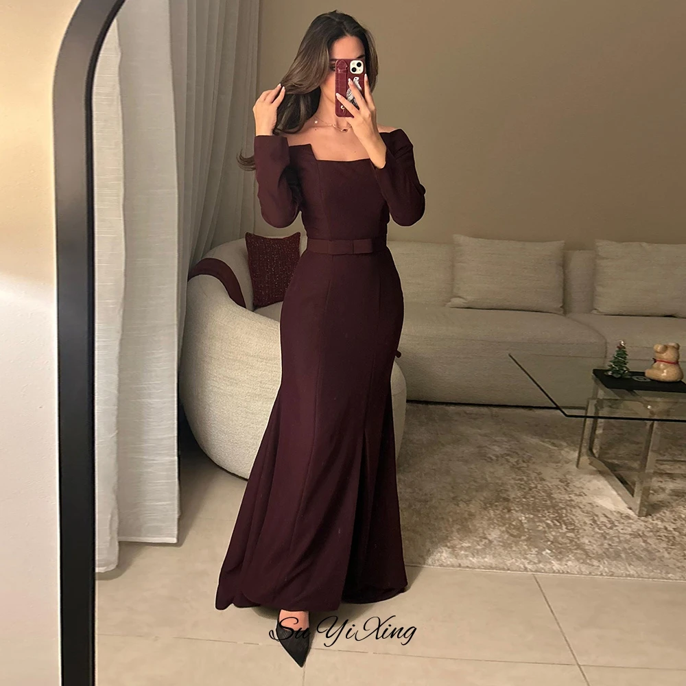 Simple Burgundy Jersey Prom Dress Elegant Mermaid Long Sleeves Evening Dress with Side Slit Classic Boat Neck Celebrity Gowns image 4
